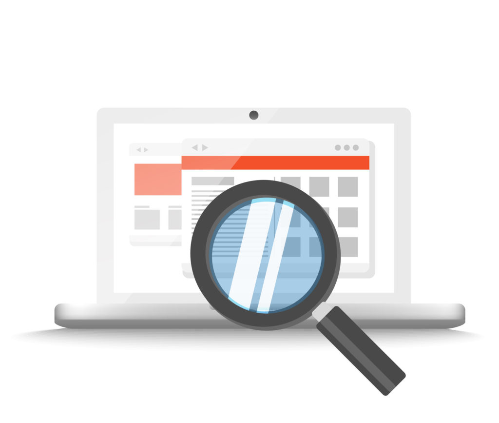 Modern laptop with magnifier searching information on website. V