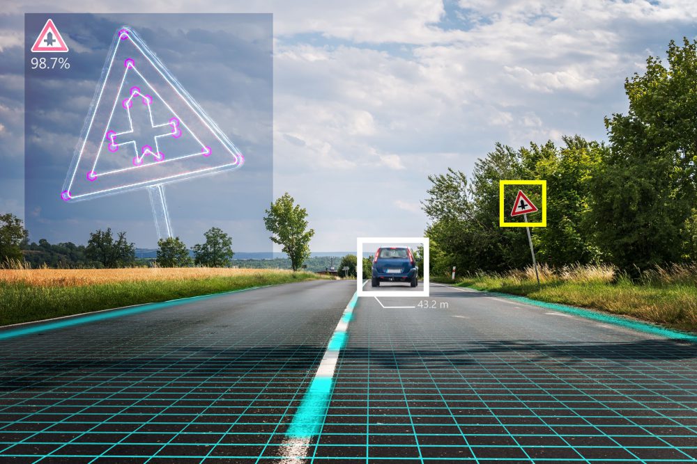 Autonomous self-driving car is recognizing road signs. Computer